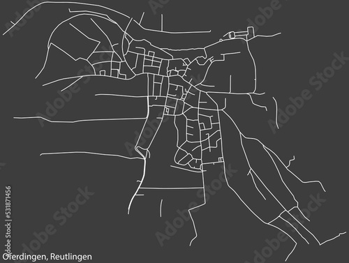 Detailed negative navigation white lines urban street roads map of the OFERDINGEN QUARTER of the German regional capital city of Reutlingen, Germany on dark gray background