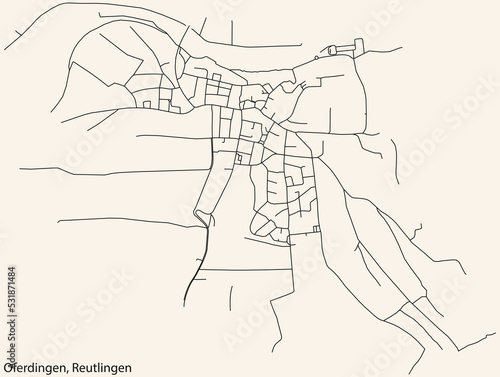 Detailed navigation black lines urban street roads map of the OFERDINGEN QUARTER of the German regional capital city of Reutlingen  Germany on vintage beige background