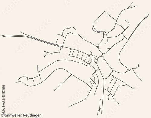 Detailed navigation black lines urban street roads map of the BRONNWEILER QUARTER of the German regional capital city of Reutlingen  Germany on vintage beige background