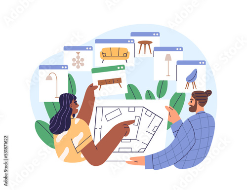 Interior designer furnishing apartment. Choosing, discussing, arranging, picking furniture for clients home. House design consultation. Flat graphic vector illustration isolated on white background