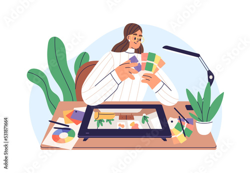 Interior designer choosing colour scheme for home design with color palettes. Work under house project, selecting matching paints. Flat graphic vector illustration isolated on white background