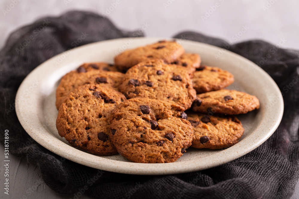 few fresh tasty cookies with chocolate chips few fresh tasty cookies with chocolate chips