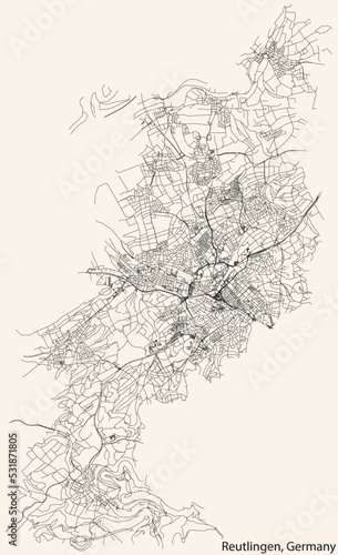 Detailed navigation black lines urban street roads map of the German regional capital city of REUTLINGEN, GERMANY on vintage beige background