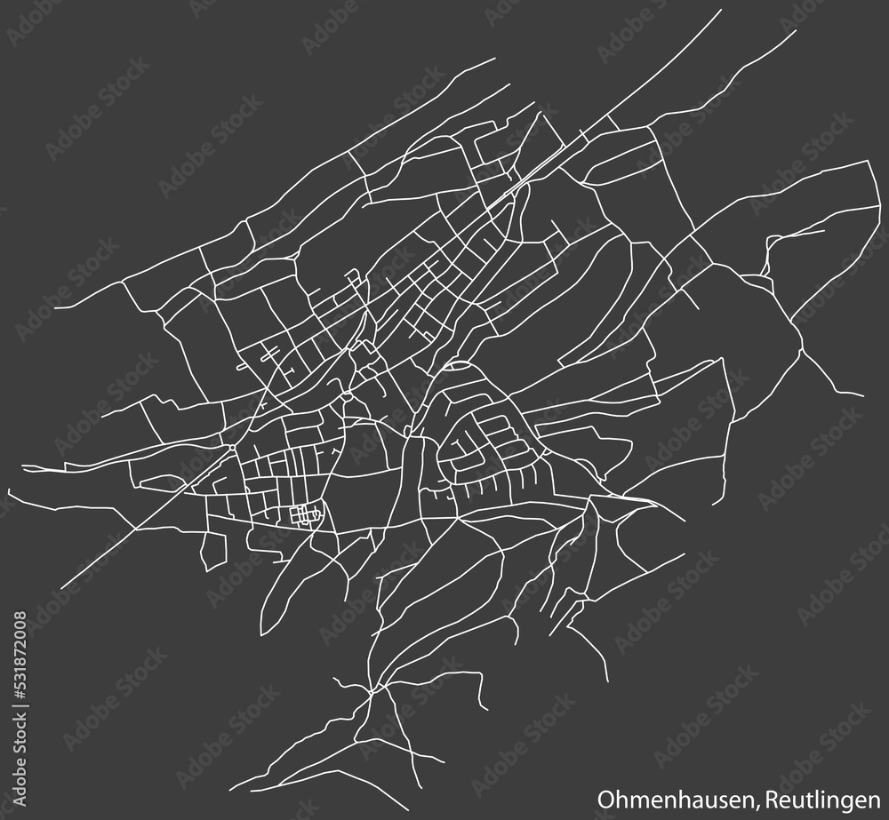 Detailed negative navigation white lines urban street roads map of the OHMENHAUSEN QUARTER of the German regional capital city of Reutlingen, Germany on dark gray background