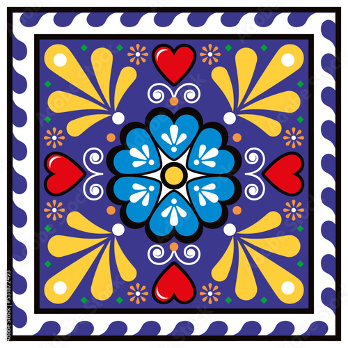 Mexican talavera cermic tile vector single and seamless pattern with florals and leaves, traditional background inspired by folk art from Mexico
 photo