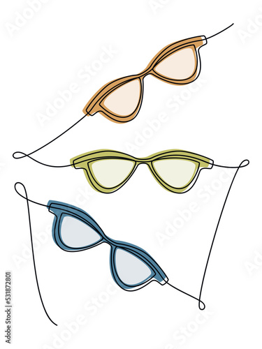 Set of sunglasses vector one line continuous drawing illustration. Hand drawn linear silhouette icon. Minimal design element for print, banner, card, wall art poster, brochure.