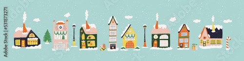 Background with christmas village with winter houses. Print for banner, greeting card, T shirt, media, fabric, textiles. Happy New Year greetings background. Hand drawn vector illustration.