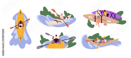Kayaking sport set. People in boats rowing with paddle. Kayakers men and women on lake, river. Characters during extreme water activity. Flat graphic vector illustrations isolated on white background