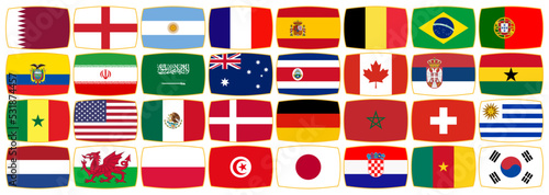 A set of national flags of the participants of the 2022 World Football Championship. Flag icons with rounded edges