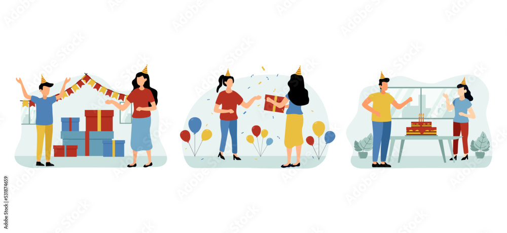 Fototapeta premium Birthday Party Scene Flat Bundle Design