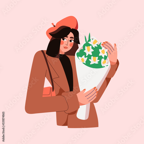 Happy young woman with flower bouquet. Modern pretty elegant girl holding floral bunch of narcissus, romantic gift of blossomed blooms. Flat graphic vector illustration isolated on white background