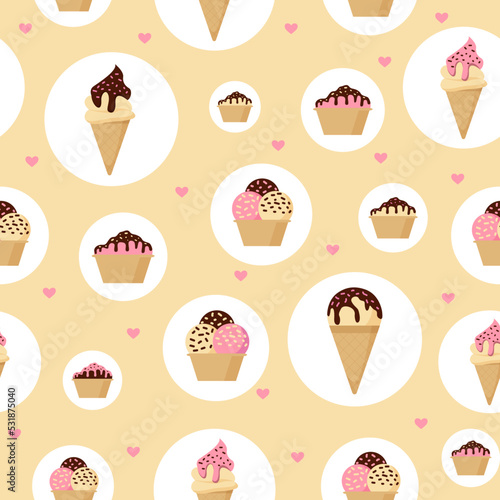Seamless vector pattern with different types of ice cream and hearts. Ideal for summer prints  posters  wrapping paper  wallpapers  scrapbooking  textiles  children s fashion  etc.