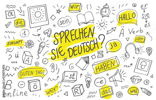 Sprechen Sie Deutsch? Interpreter language online. Do you speak German language learning concept vector illustration. Doodle of foreign language education course for home online training study.
