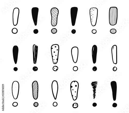 Hand drawn exclamation mark set. Scribble doodle exclamation point sign. Hand drawn sketch danger information sign. Vector illustration.