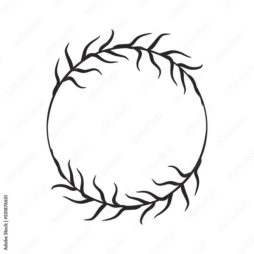 Round wreath with two curly branches and long leaves. Black outline drawing, simple design. Frame for invitation, design element, logo. Floral border, elegant modern style. Vector illustration clipart Round wreath with two curly branches and long leaves. Black outline drawing, simple design. Frame for invitation, design element, logo. Floral border, elegant modern style. Vector illustration clipart