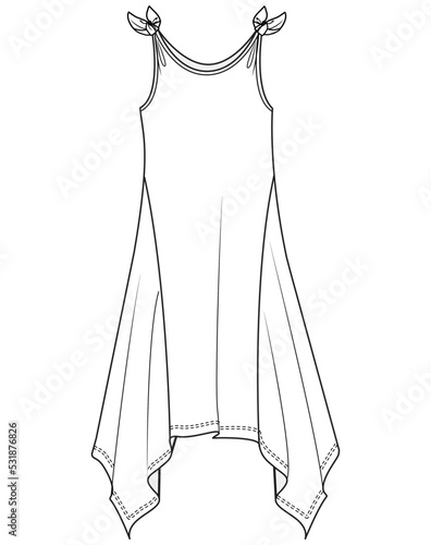sleeveless high low dress fashion flat sketch vector illustration cad mockup.