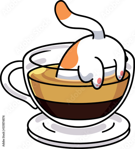 Adorable digital illustration of a cat dog behind sticking out a cup of coffee