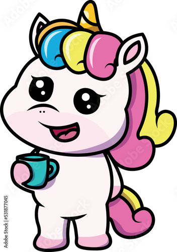 Adorable digital illustration of a cute rainbow unicorn holding a cup of coffee