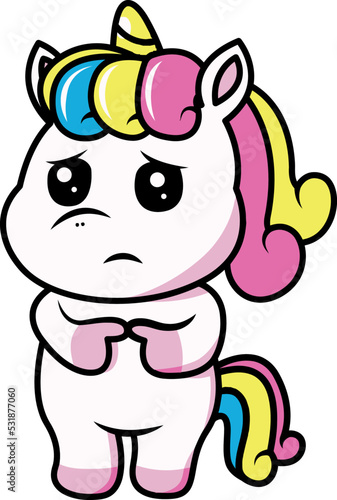 Adorable digital illustration of a sad shy rainbow unicorn
