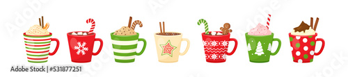 Christmas hot chocolate and cocoa, cartoon mug with drink vector icon, coffee, latte and tea. Holiday winter set. Cute menu illustration