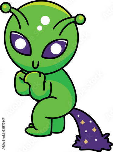 Cute green alien pooping purple stars and planets isolated on white background