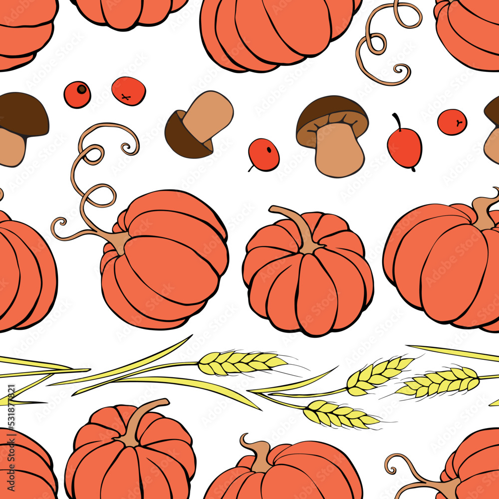 Vector seamless pattern of autumn harvest symbols: pumpkins, wheat ears, berries, mushrooms in flat doodle style. Colorful background, texture. Theme: forest, happy autumn, Thanksgiving