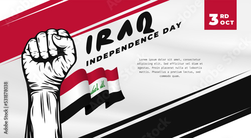 Banner illustration of Iraq independence day celebration with text space. Waving flag and hands clenched. Vector illustration.