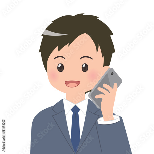 スマホで通話する 若いビジネスマン,会社員のバストアップイラスト