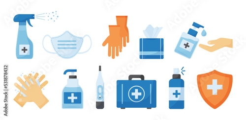 Medical icon. Disinfect gel bottle. Hygiene. Alcogol spray and soap, antiseptic vector set, antibacterial liquid, protective mask, gloves, wipes. PPE Medicine illustration