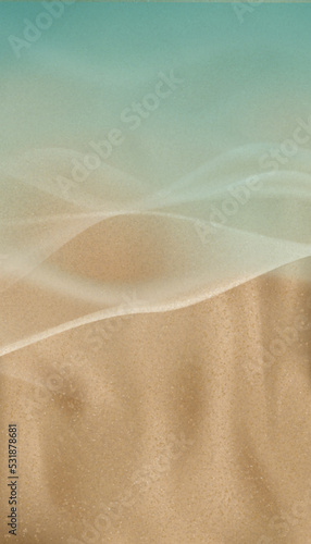 Blue ocean with soft wave form and yellow sandy beach,Vector Sand Texture,Top view seaside turquoise wave and brown sand dune for Summer sale, promotion background, Vertical banner for mobile screen