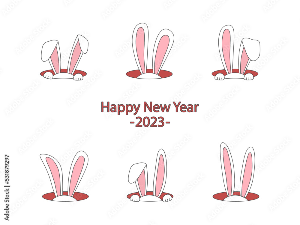 Christmas rabbit, cartoon bunny, cute animal vector icon. Winter hare in hole. Pretty character symbol New Year 2023. Holiday illustration