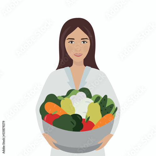 Nutritionist concept. Vector cartoon young happy woman with vegetables and fruits bowl. Nutrition therapy with healthy food. Weight loss program and diet plan. Vector illustration in cartoon style.