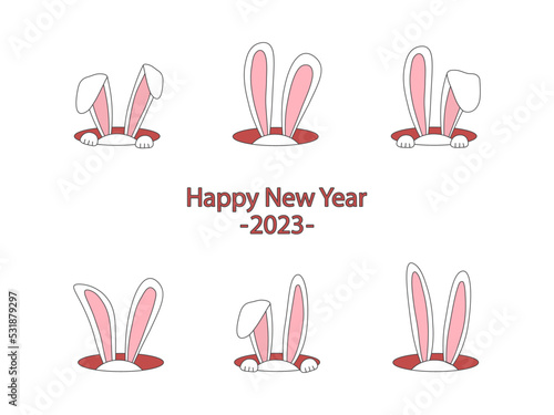 Christmas rabbit, cartoon bunny, cute animal vector icon. Winter hare in hole. Pretty character symbol New Year 2023. Holiday illustration
