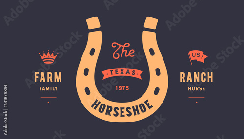 Logo lucky horseshoe. Text Horseshoe, Farm Ranch, gold horseshoe, graphic and lucky symbols. Design element, drawing, vintage hipster style, ribbon and good luck fortune sign. Vector Illustration