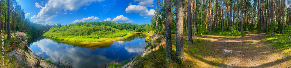 background panoramic view, photo of a beautiful serene forest river among the trees in the reserve, Mari El