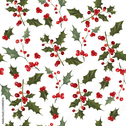 Canvas Print Beautiful floral christmas seamless pattern with hand drawn watercolor holly branches,  leaves and berries illustration