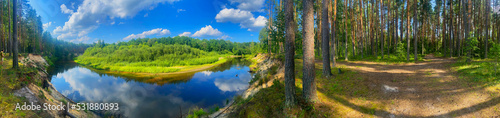 background panoramic view, photo of a beautiful serene forest river among the trees in the reserve, Mari El