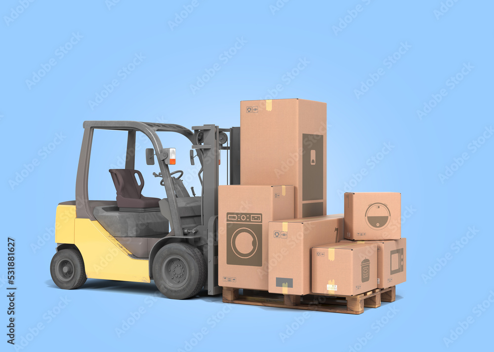 delivery from the store concept The loader loads boxes with equipment 3d render on color gradient delivery from the store concept The loader loads boxes with equipment 3d render on color gradient