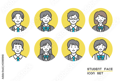 シンプルで使いやすい、ブレザー制服の学生の顔アイコンのベクターイラスト素材／制服／高校生／中学生／塾