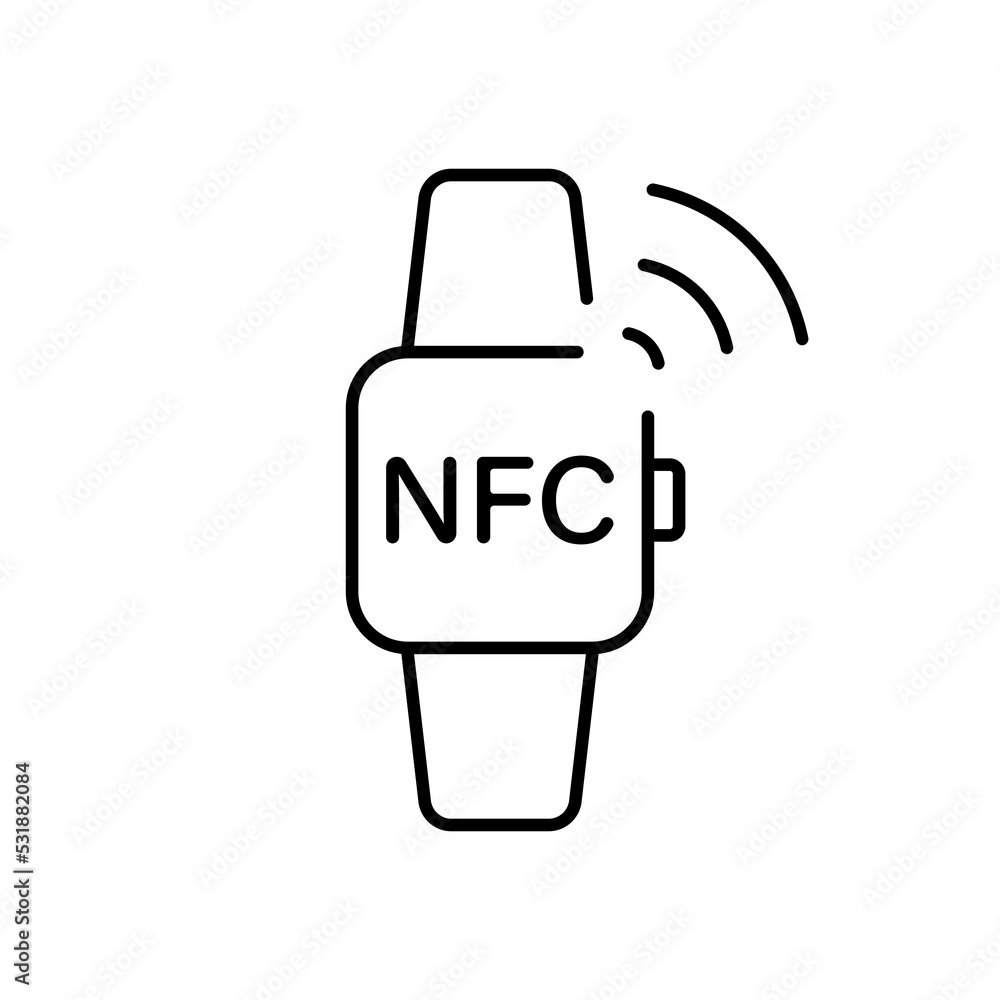 NFC Payment Smart Watch Outline Icon. Smartwatch with NFC Technology Wireless Purchase Watch Line Icon. Hand Bracelet Pos Cashless Pay Pictogram. Editable Stroke. Isolated Vector Illustration NFC Payment Smart Watch Outline Icon. Smartwatch with NFC Technology Wireless Purchase Watch Line Icon. Hand Bracelet Pos Cashless Pay Pictogram. Editable Stroke. Isolated Vector Illustration