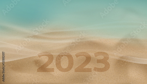 New year backdrop banner concept with numbers 2023 on yellow sandy beach with Blue ocean wave form,Vector top view seaside turquoise with soft wave and brown sand dune texture background
