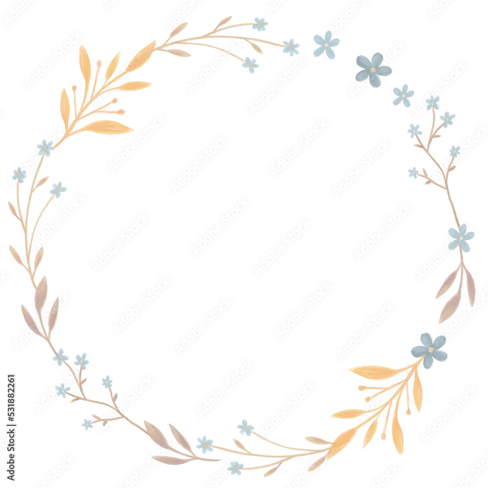 Delicate flower wreath. Floral frame isolated on background. Pastel frame with meadow flowers