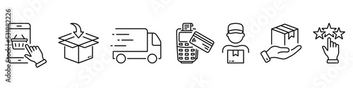 Delivery Process Line Icon. Shipping Product Guide Linear Pictogram. Delivery Flow Mobile Phone Order Package Truck Courier Payment Rating Outline Icon. Editable Stroke. Isolated Vector Illustration