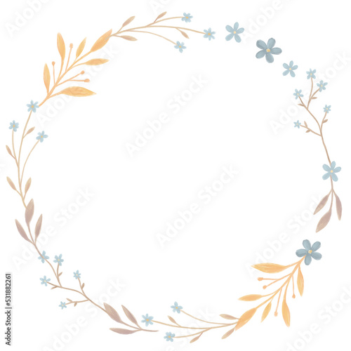 Delicate flower wreath. Floral frame isolated on background. Pastel frame with meadow flowers