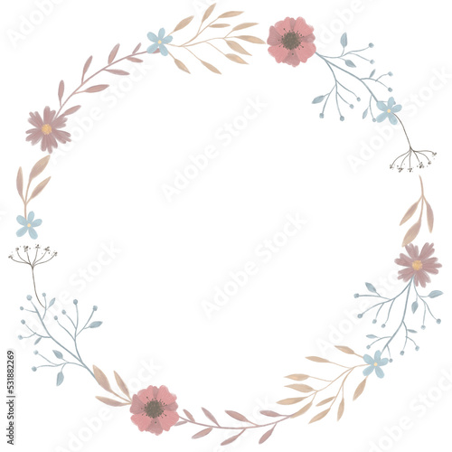 Flower wreath. Floral frame isolated on background. Hand drawn pastel frame with meadow flowers