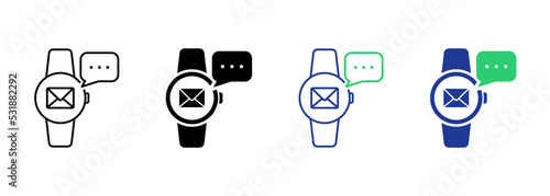 Message on Smart Watch Silhouette and Line Icon. Smartwatch Notification Pictogram. Communication Mail Envelope Icon on Tracker Modern Sport Gadget. Editable Stroke. Isolated Vector Illustration