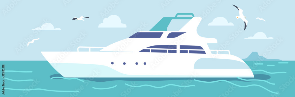 Yacht In Ocean, Modern Ship, Luxury Sailboat With Portholes Moored In Sea Harbor At Tropical Land. Passenger Vessel - obrazy, fototapety, plakaty 
