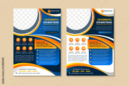 abstract curve modern flyer design template for environmental data monitoring. blue and white vertical layout background. space for photo collage and text. infographic icon. collection of poster.