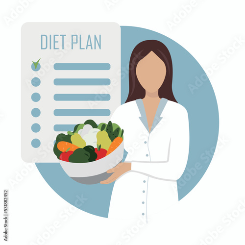 Diet plan. Nutritionist concept. Vector cartoon faceless woman with vegetables and fruits bowl. Nutrition therapy with healthy food.