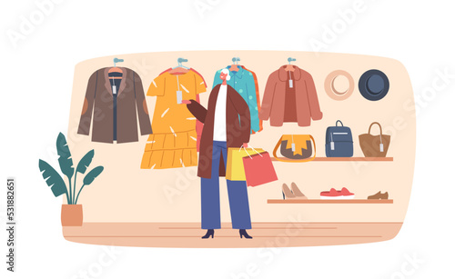 Senior Female Character Choose on Clothes in Store, Aged Woman Look on New Dress Stand near Hangers in Apparel Shop